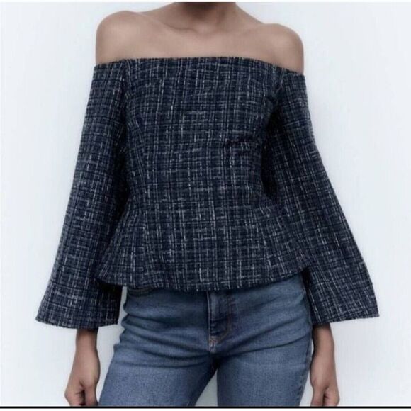 Zara Women's Blue‎ Tweed Textured Off the Shoulder Top Long Sleeve Size XS Twee - Picture 1 of 8